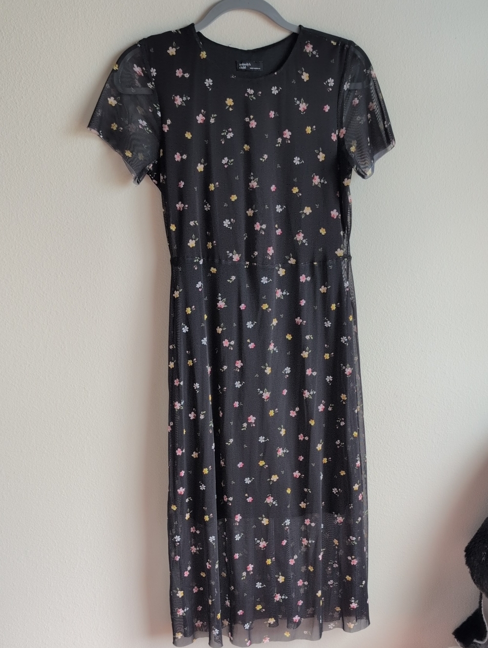 Black Floral Midi Dress with Sheer Overlay, Size M